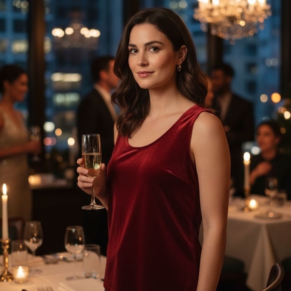 Valerie Stevens - Red Velvet Sleeveless Blouse, Size Medium W/ Pit To Pit Of 38" - Picture 11 of 11